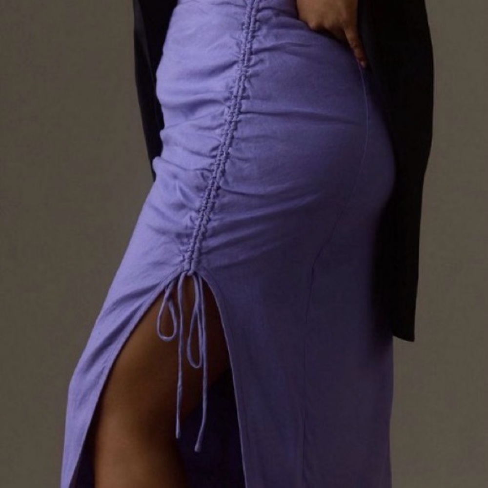 NWT! Anthropologie Lavender Ruched Side Slit Linen Midi Skirt - Picture 2 of 9